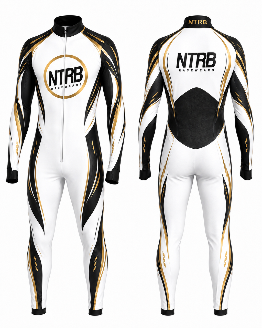 Combinaison karting aérodynamique NTRB Racewears Aero White Gold - vue avant et arrière