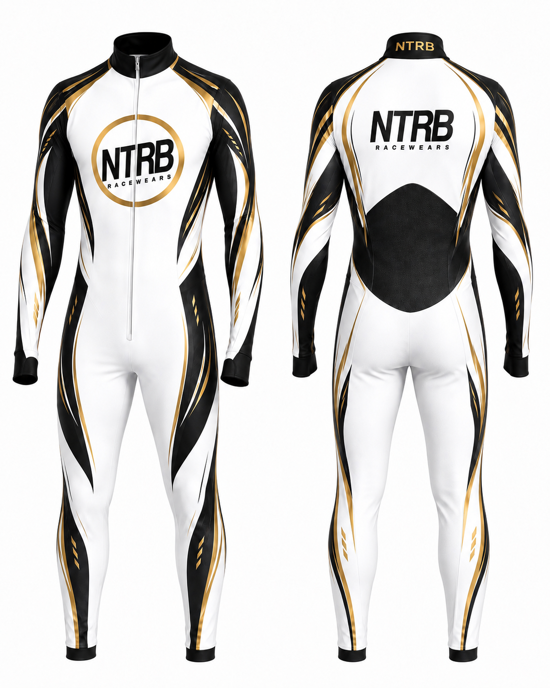 Combinaison karting aérodynamique NTRB Racewears Aero White Gold - vue avant et arrière