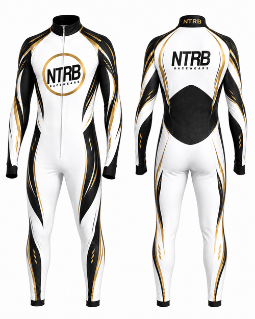 Combinaison karting aérodynamique NTRB Racewears Aero White Gold - vue avant et arrière