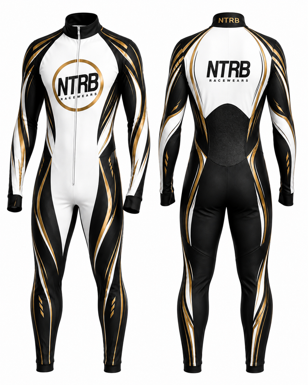 Combinaison karting aérodynamique NTRB Racewears Aero Black Gold - vue avant et arrière