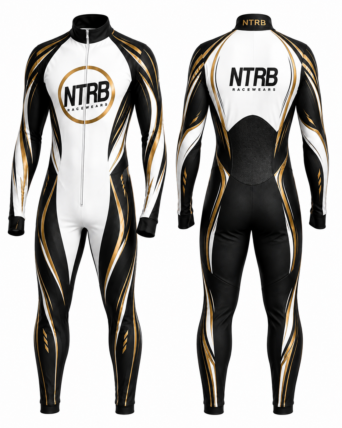 Combinaison karting aérodynamique NTRB Racewears Aero Black Gold - vue avant et arrière
