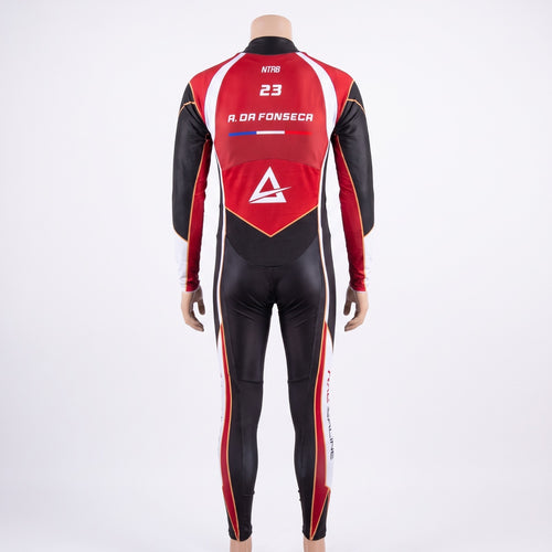 Combinaison Aéro personnalisée NTRB Racewears rouge et noire, vue de dos