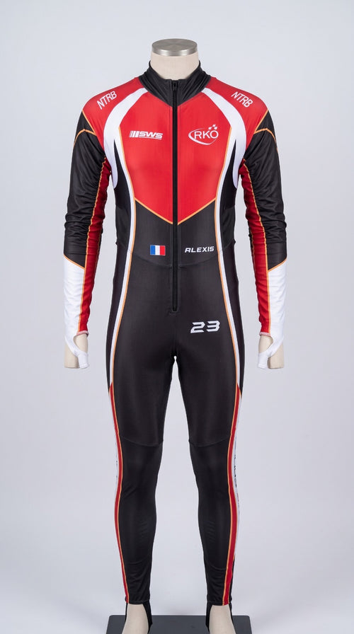 Combinaison Aéro personnalisée NTRB Racewears rouge et noire, vue de face